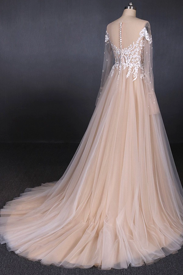 Robe de mariée élégante dentelle Robe de mariée Champagne Illusion Une ligne robes de mariée 2019