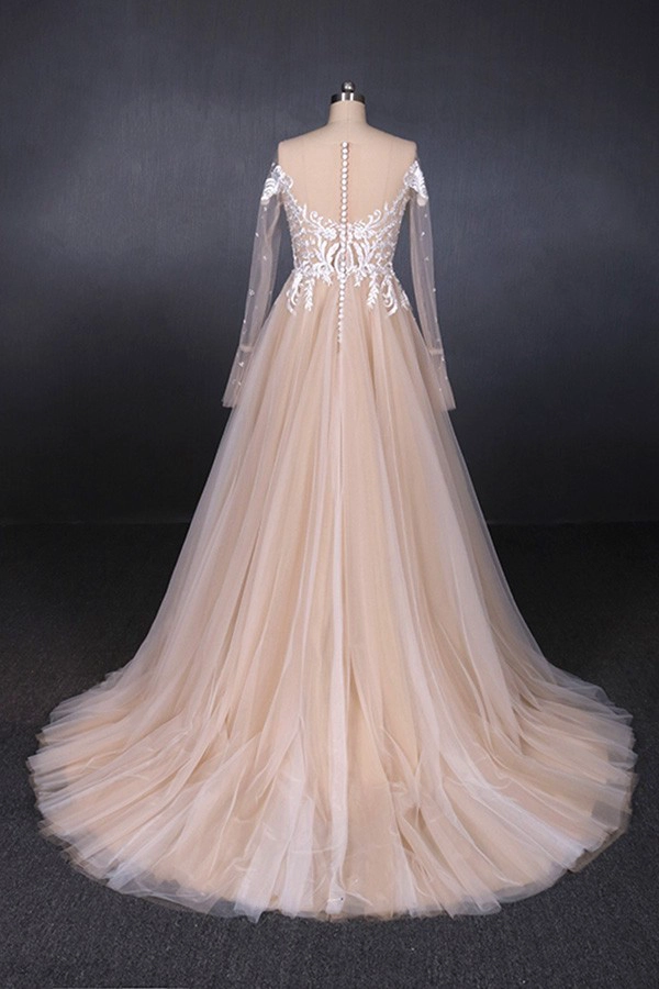Robe de mariée élégante dentelle Robe de mariée Champagne Illusion Une ligne robes de mariée 2019