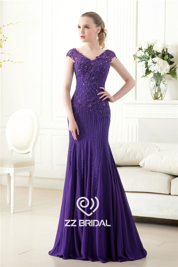 Elegante cap mouw kralen lovertjes v-back zeemeermin paars lange avondjurk leverancier
