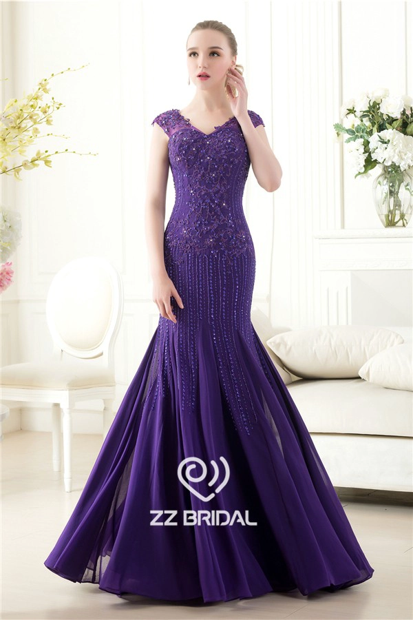 Elegante cap mouw kralen lovertjes v-back zeemeermin paars lange avondjurk leverancier