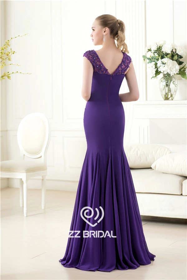 Elegante cap mouw kralen lovertjes v-back zeemeermin paars lange avondjurk leverancier