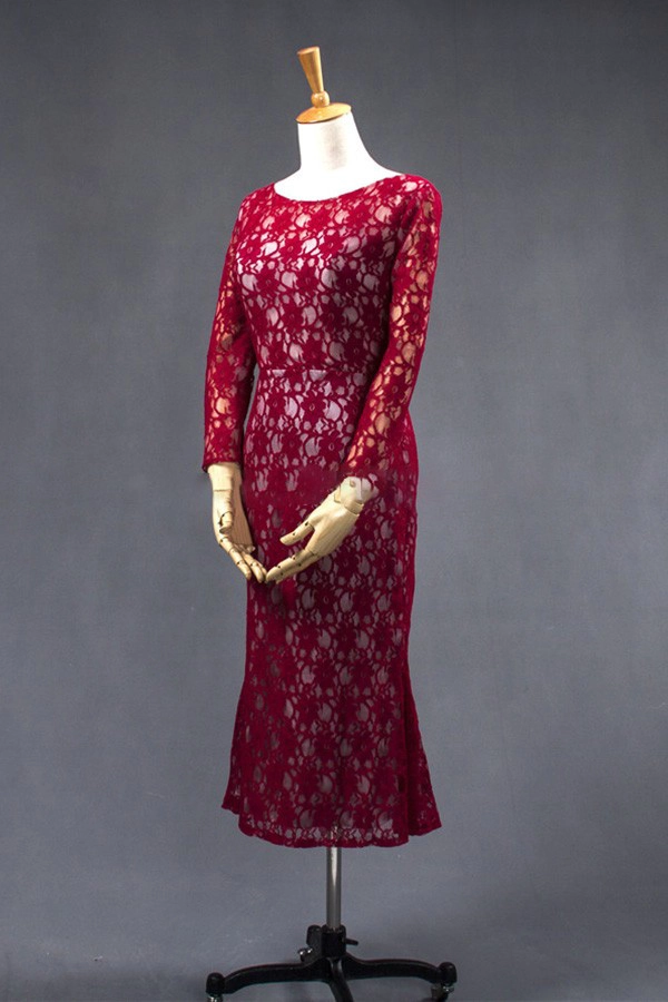 Alta qualidade manga longa macia do laço vermelho noite vestido de jantar