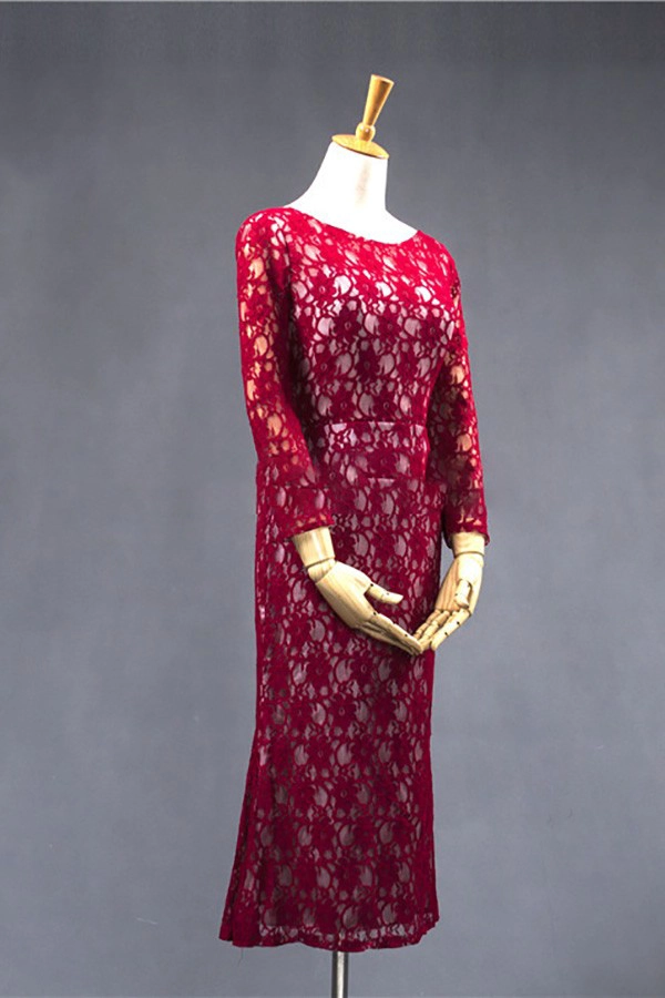 Alta qualidade manga longa macia do laço vermelho noite vestido de jantar