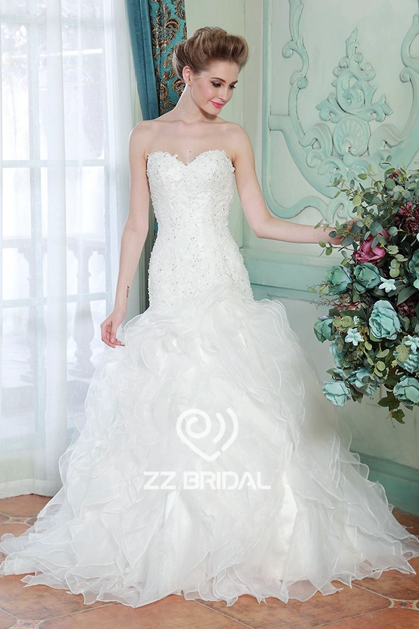Encaje de novia de organza acodó appliqued sirena con cordones vestido de novia con cuentas de China