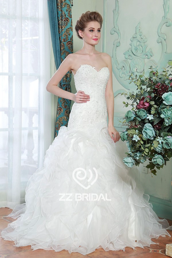 Encaje de novia de organza acodó appliqued sirena con cordones vestido de novia con cuentas de China