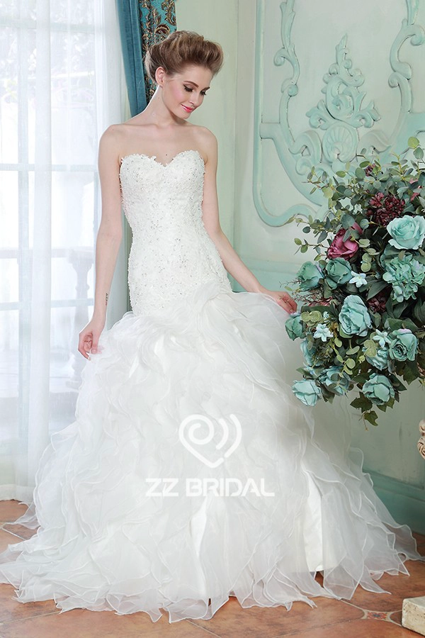 Encaje de novia de organza acodó appliqued sirena con cordones vestido de novia con cuentas de China