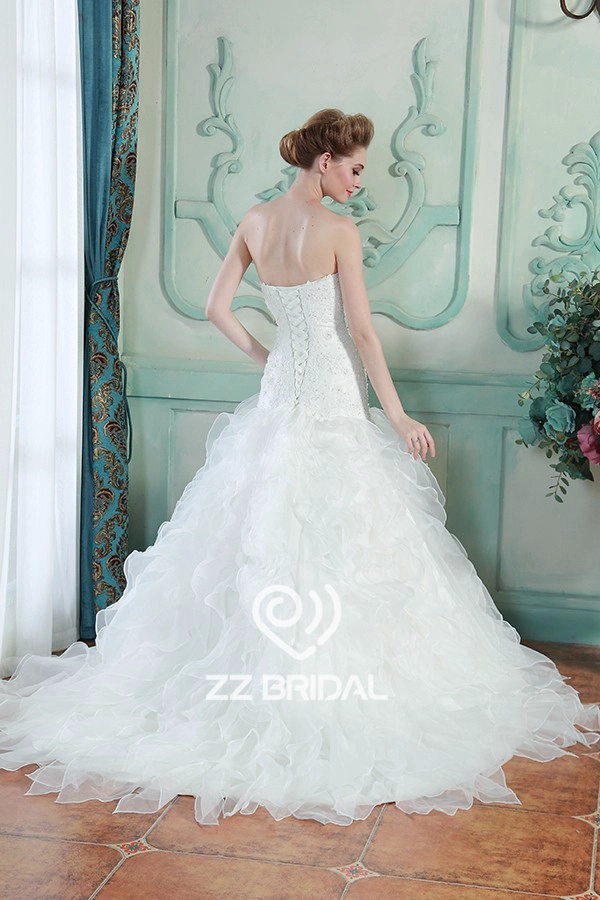 Encaje de novia de organza acodó appliqued sirena con cordones vestido de novia con cuentas de China