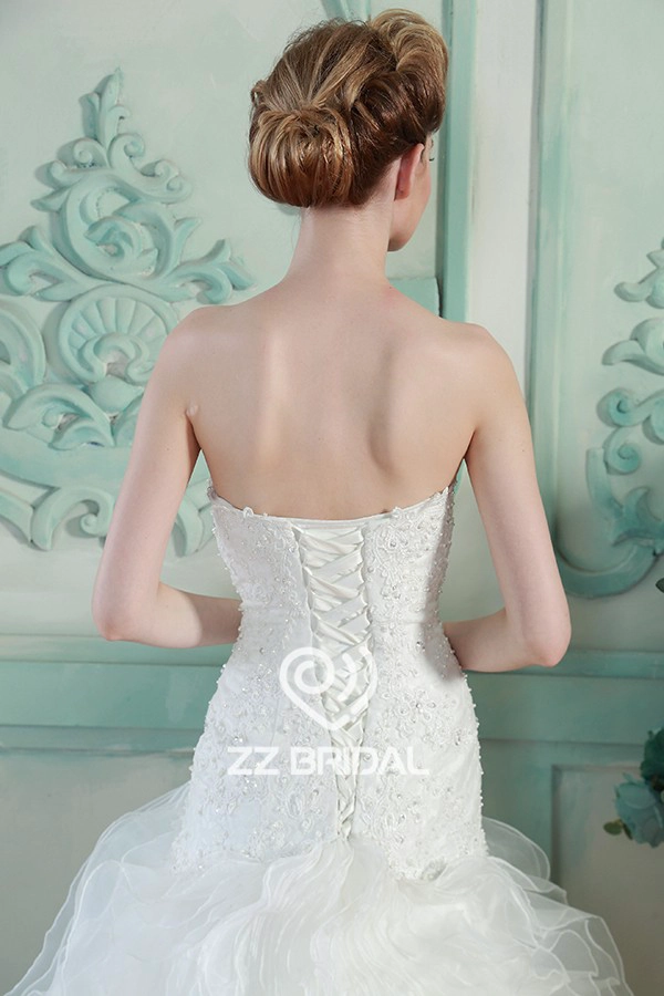 Encaje de novia de organza acodó appliqued sirena con cordones vestido de novia con cuentas de China