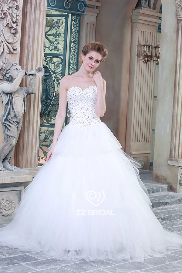 Luxe lieverd hals lovertjes tule gelaagde trouwjurk 2015 leverancier