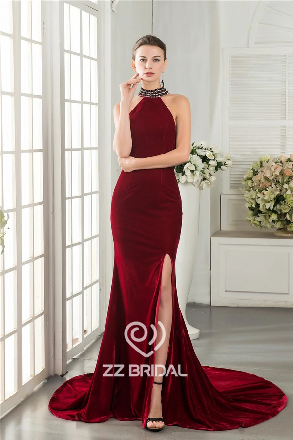 Mermaid stijl split halter keten terug bordeaux lange avondjurk fabriek