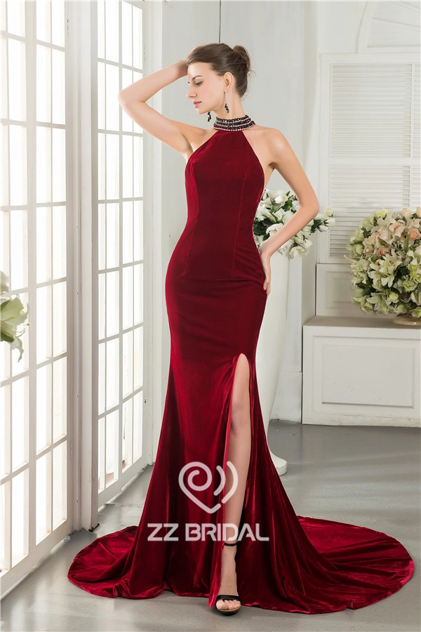 Mermaid stijl split halter keten terug bordeaux lange avondjurk fabriek