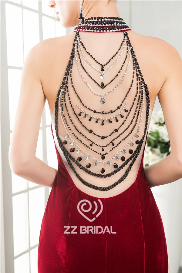 Mermaid stijl split halter keten terug bordeaux lange avondjurk fabriek
