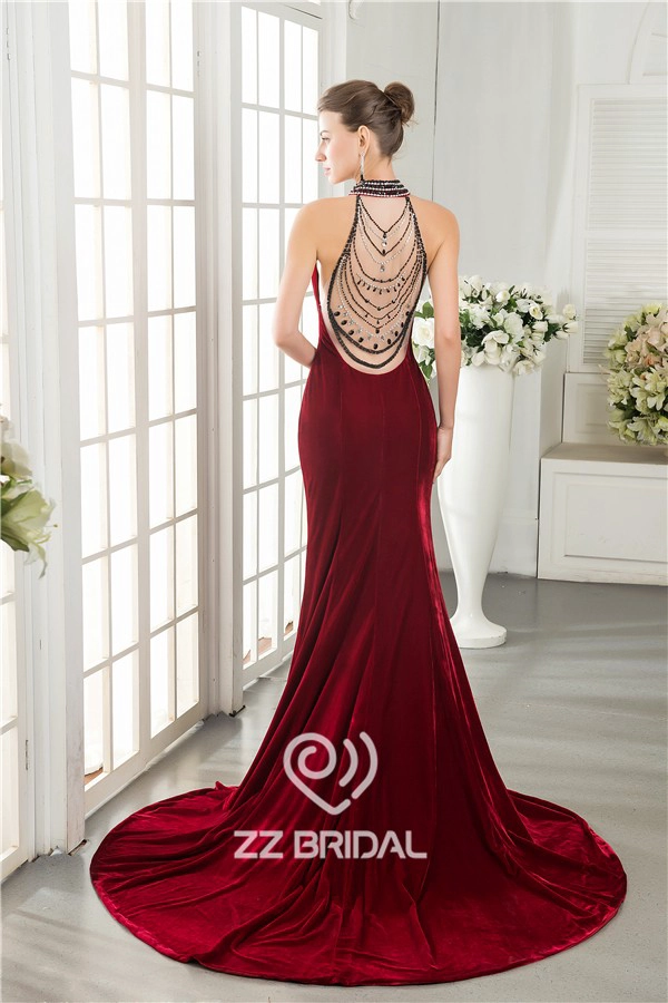 Mermaid stijl split halter keten terug bordeaux lange avondjurk fabriek