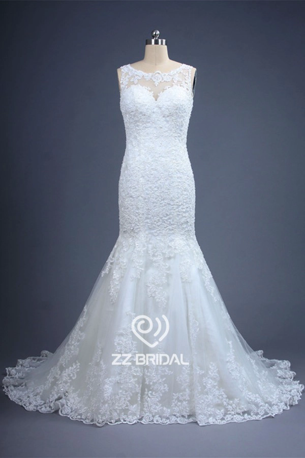 Nova ilusão chegada corpete completo sereia vestido de casamento de renda appliqued fabricados na China