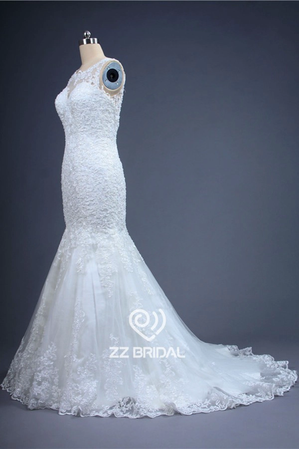Nova ilusão chegada corpete completo sereia vestido de casamento de renda appliqued fabricados na China