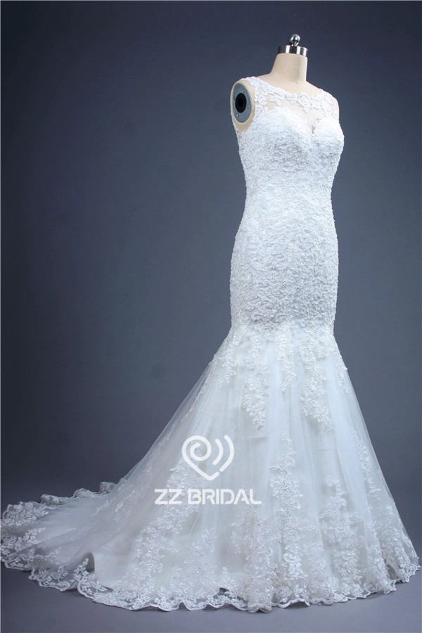 Nova ilusão chegada corpete completo sereia vestido de casamento de renda appliqued fabricados na China