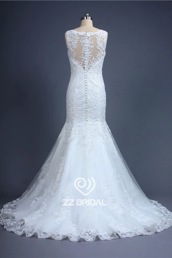 Nova ilusão chegada corpete completo sereia vestido de casamento de renda appliqued fabricados na China
