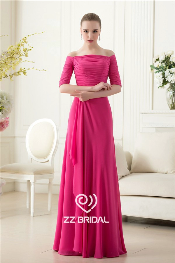 New arrival rose red boat neck half sleeve chiffon long evening gown China