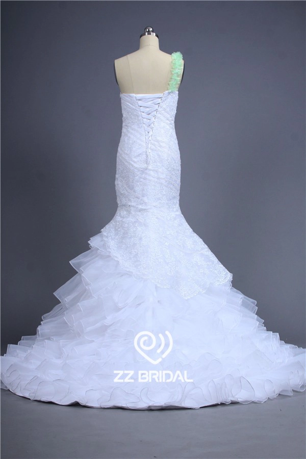 Nuovo di spaghetti verde innamorato cinghia neckline appliqued sirena di pizzo fornitore abito nuziale