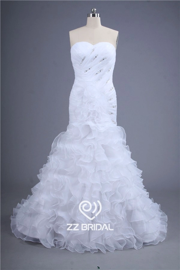 Nuovo stile del neckline increspato organza bordato sirena stratificato abito da sposa 2015 fornitore