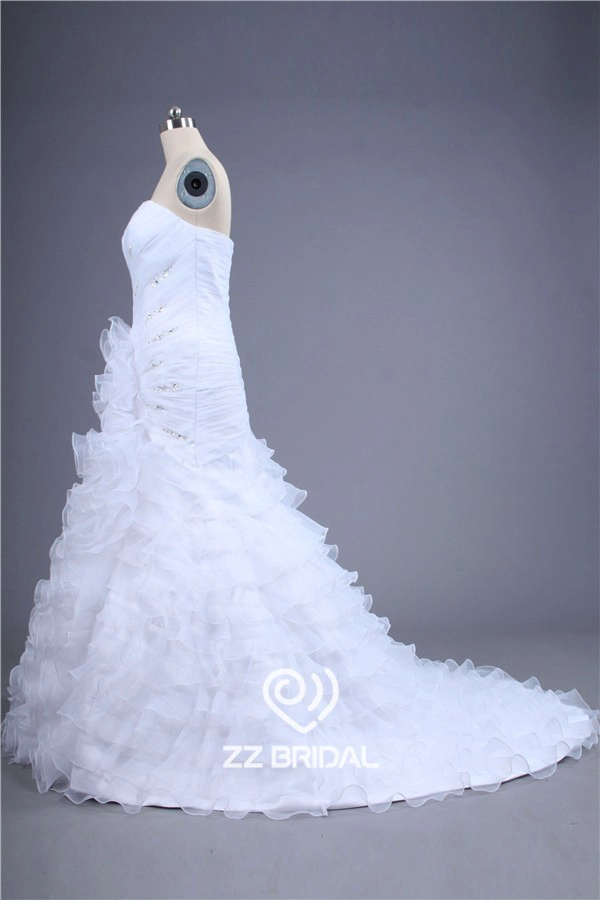 Nuovo stile del neckline increspato organza bordato sirena stratificato abito da sposa 2015 fornitore