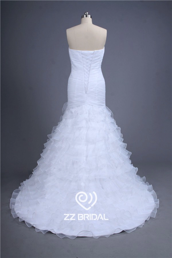 Nuovo stile del neckline increspato organza bordato sirena stratificato abito da sposa 2015 fornitore