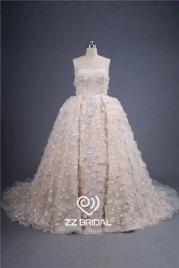 Estilo princesa strapless artesanais flores bola vestido de casamento vestido com cordões appliqued