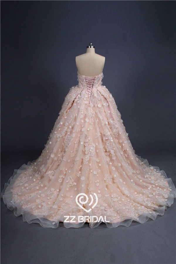 Estilo princesa strapless artesanais flores bola vestido de casamento vestido com cordões appliqued