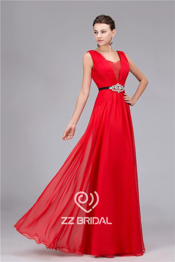 Echte foto's gemaakt in China ruches kralen vloerlengte chiffon avondjurk met riem fabriek