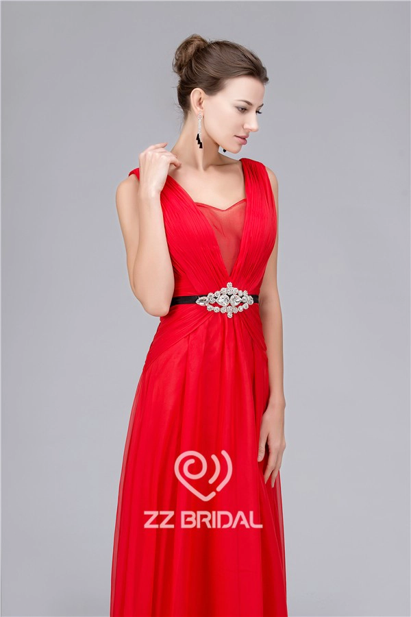 Echte foto's gemaakt in China ruches kralen vloerlengte chiffon avondjurk met riem fabriek