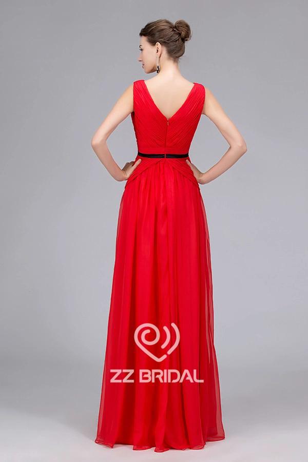 Echte foto's gemaakt in China ruches kralen vloerlengte chiffon avondjurk met riem fabriek
