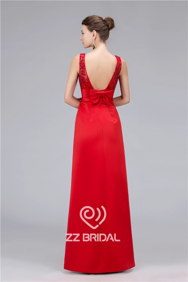 Satin sequined V-plecy bowknot długim wieczorowej sukni wykonany w Chinach