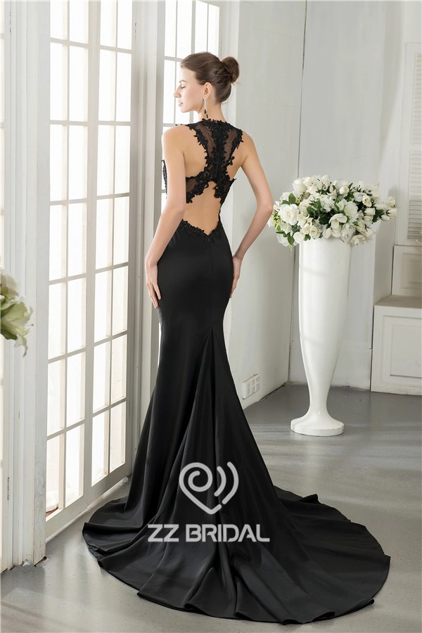 ظهر جنسي الدانتيل الاسود appliqued الديكور حورية البحر مطرز طويل مساء اللباس صنع في الصين