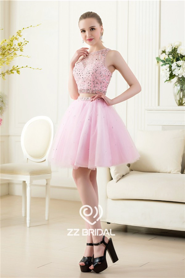 Sexy zwei Stücke wulstige backless sleeveless rosafarbenen Abendkleid Made in China