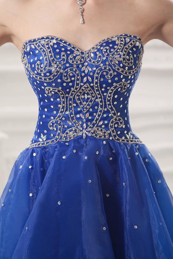 Vestido de formatura curto meninas puffy saia querida frisada organza vestido de cocktail azul