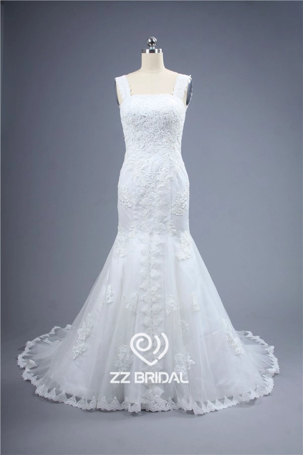Pizzo superiore della cinghia di spaghetti appliqued sirena da sposa in pizzo-up produttore abito