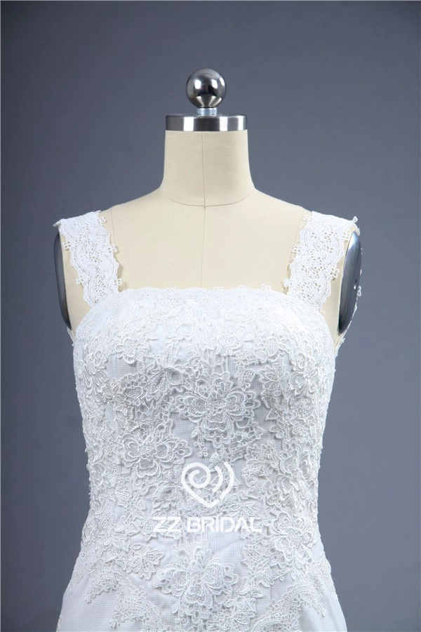 Pizzo superiore della cinghia di spaghetti appliqued sirena da sposa in pizzo-up produttore abito