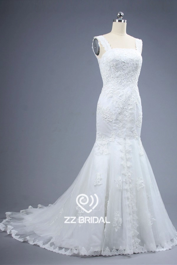 Pizzo superiore della cinghia di spaghetti appliqued sirena da sposa in pizzo-up produttore abito