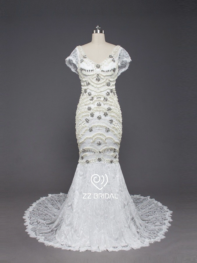 ZZ bridal 2017 V-neck cap sleeve beaded mermaid wedding dress