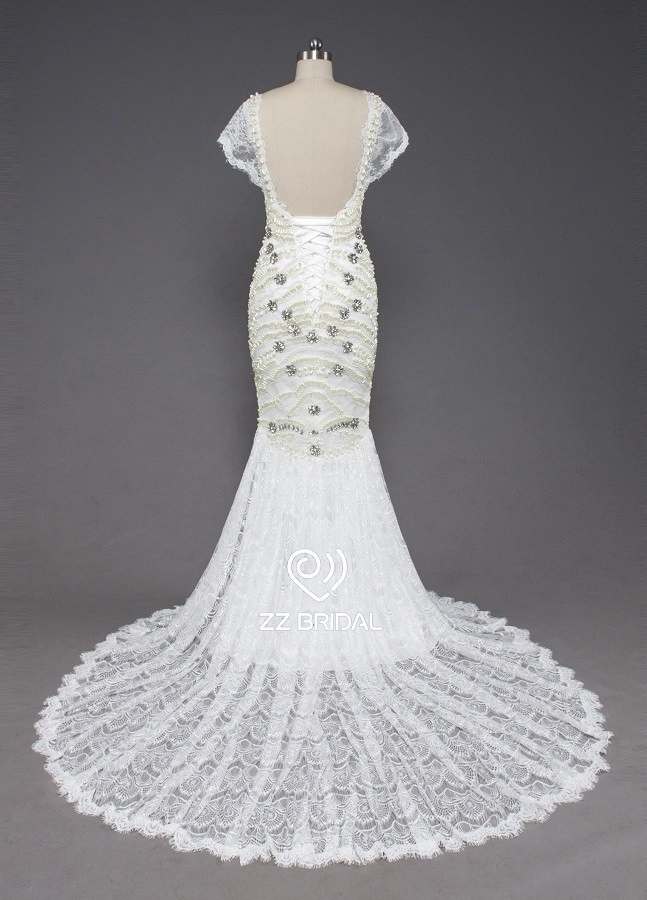 ZZ bridal 2017 V-neck cap sleeve beaded mermaid wedding dress