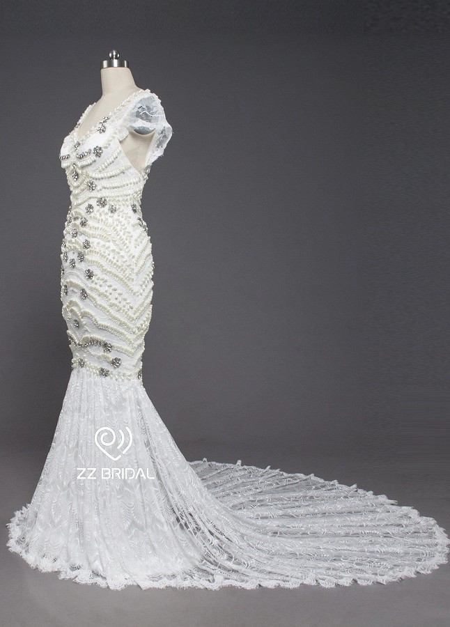ZZ bridal 2017 V-neck cap sleeve beaded mermaid wedding dress