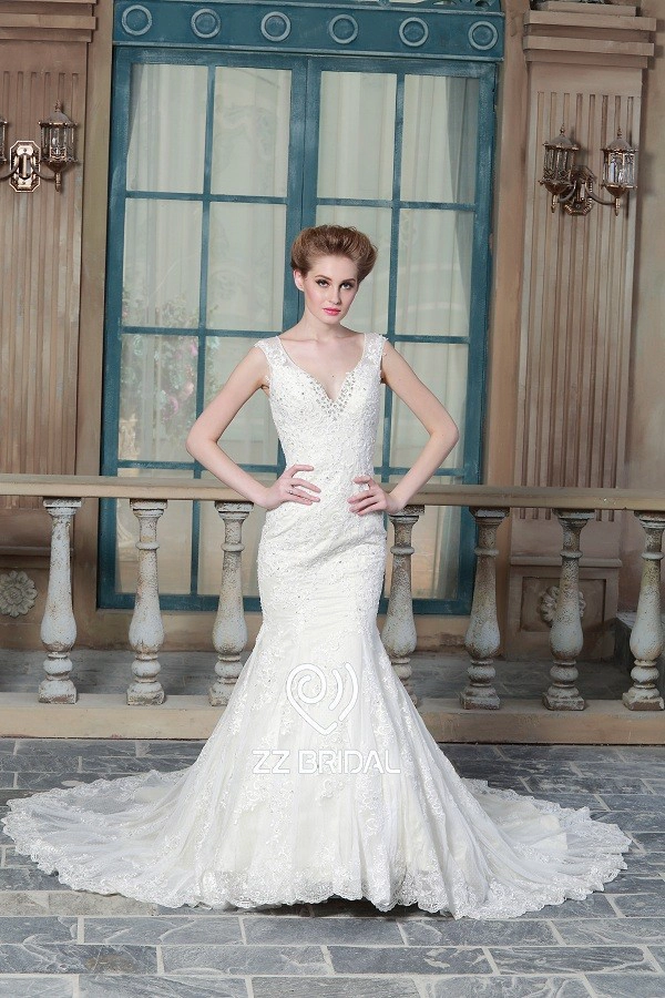 ZZ nupcial 2017 v-cuello de encaje apliques y abalorios de una línea de vestido de novia