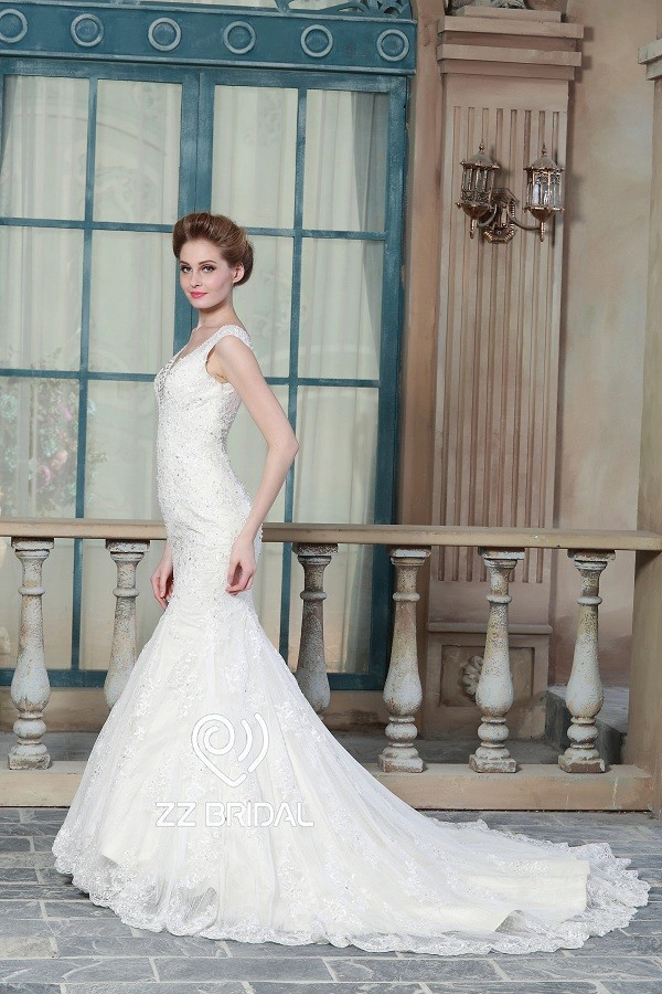 ZZ nupcial 2017 v-cuello de encaje apliques y abalorios de una línea de vestido de novia