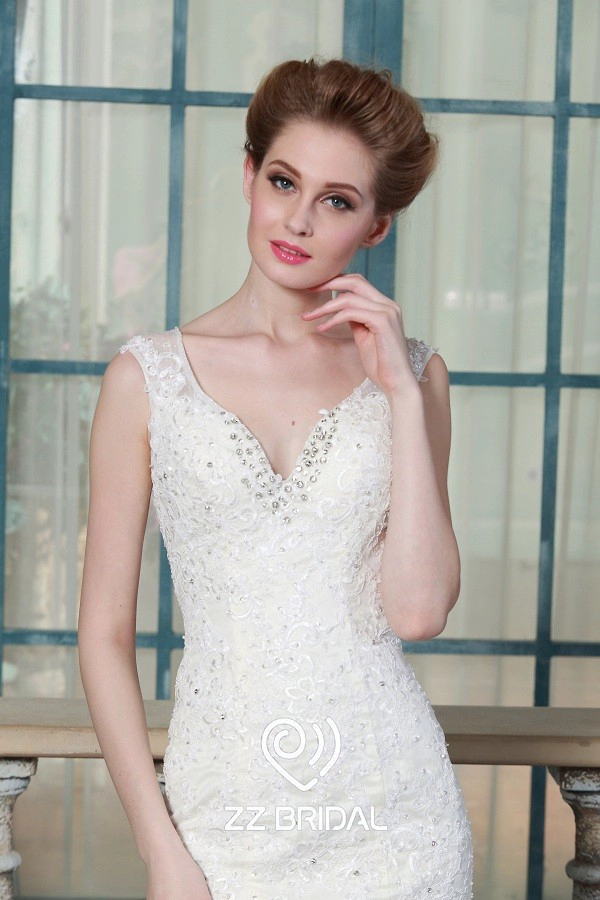 ZZ nupcial 2017 v-cuello de encaje apliques y abalorios de una línea de vestido de novia