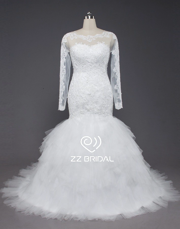 ZZ Bridal 2017 Boat Neck Long Sleeve Lace Mermaid Wedding Dress