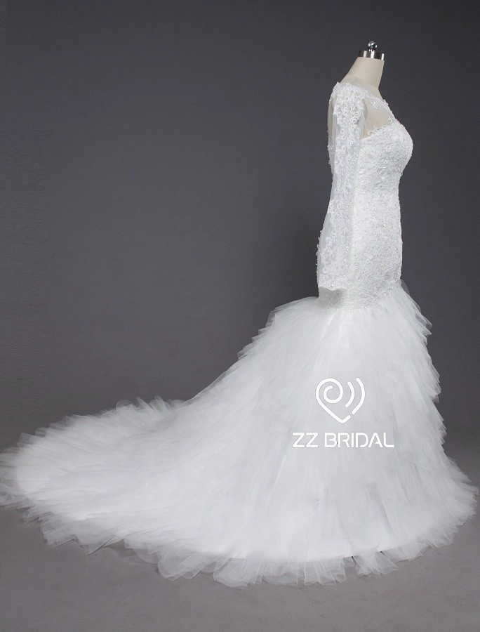 ZZ Bridal 2017 Boat Neck Long Sleeve Lace Mermaid Wedding Dress