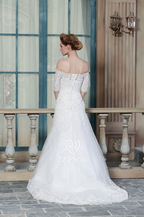 ZZ nupcial 2017 de encaje de hombro appliqued y vestido de novia con cuentas sirena