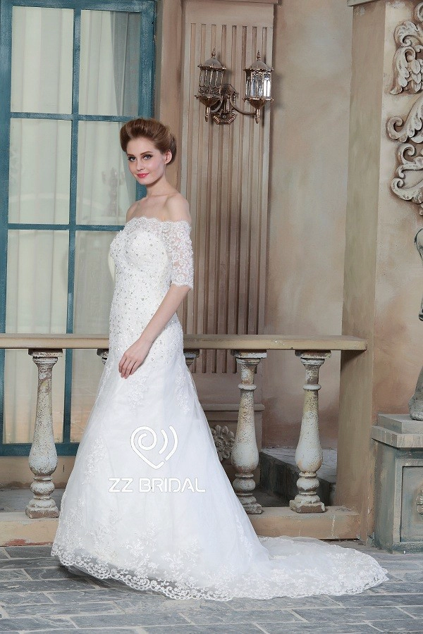 ZZ nupcial 2017 de encaje de hombro appliqued y vestido de novia con cuentas sirena