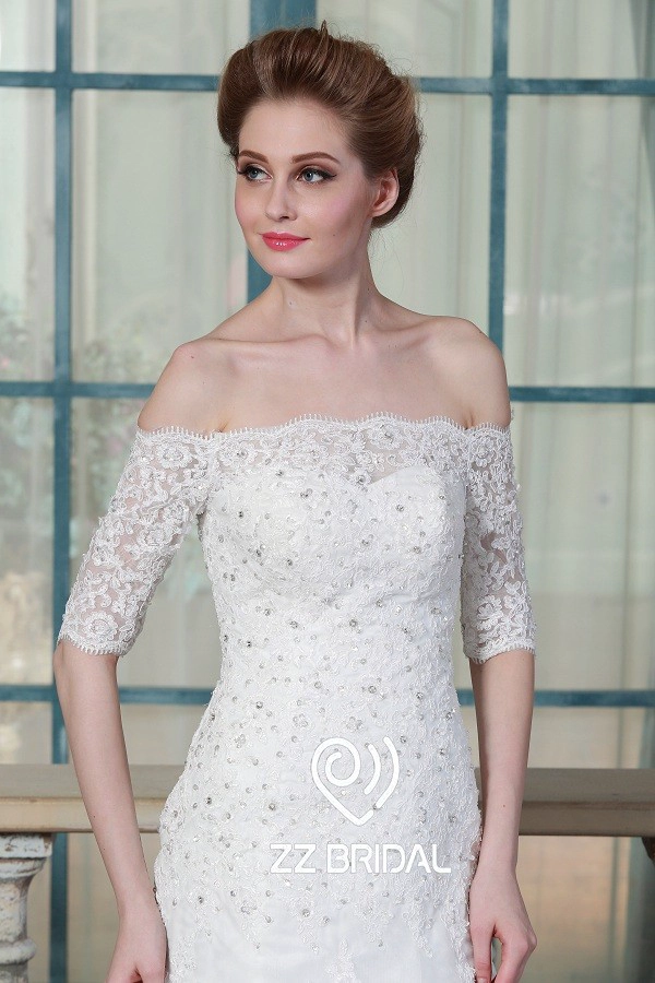 ZZ nupcial 2017 de encaje de hombro appliqued y vestido de novia con cuentas sirena