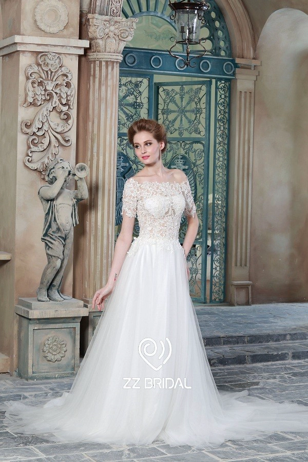 ZZ Bridal 2017 hors épaule dentelle appliqued manches courtes A-Line robe de mariée